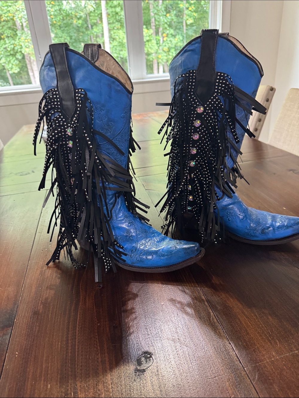 Blue Women's Fringe Western Boots with Rhinestone Detail